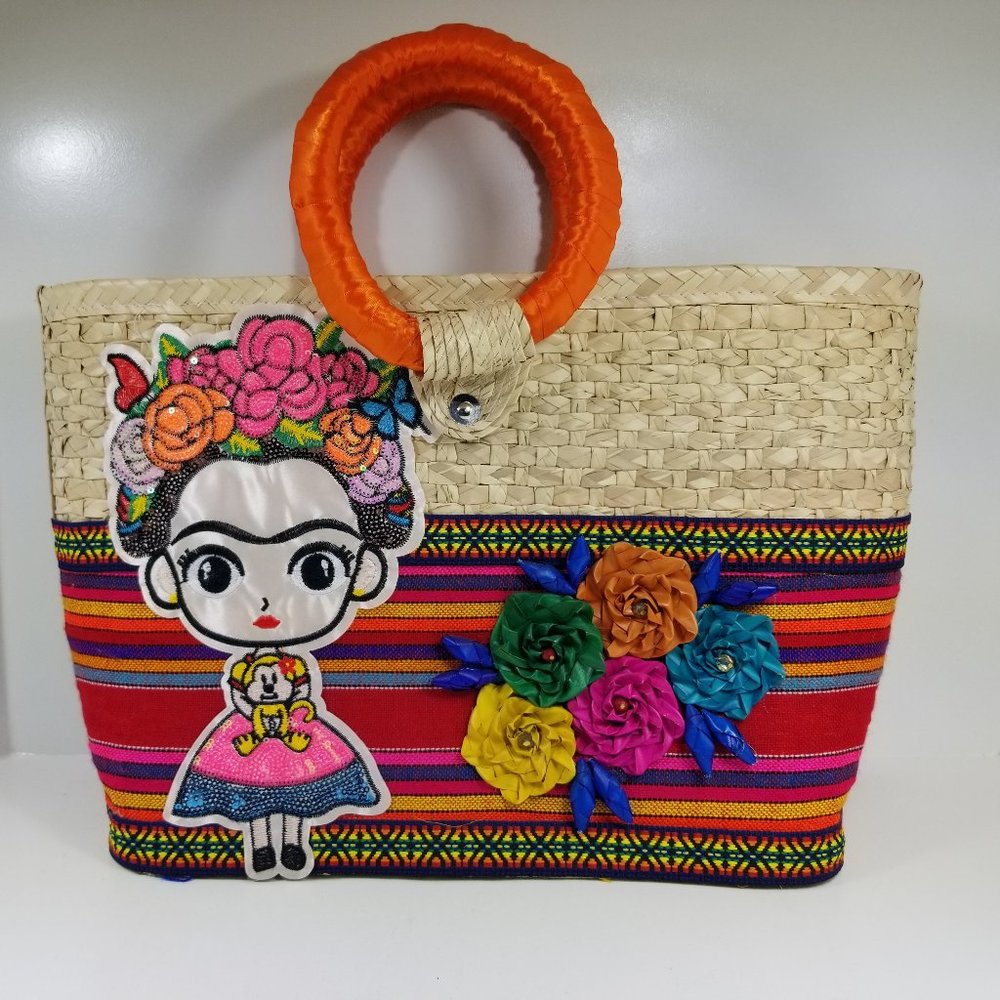 Frida Kahlo Artisanal straw woven tote bag with embroidery sequins